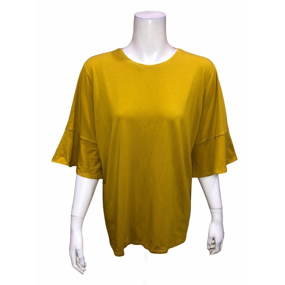 Studio by Denim & Co. Round Neck Elbow Bell Sleeves Hi-Low Hem Top Medium Size